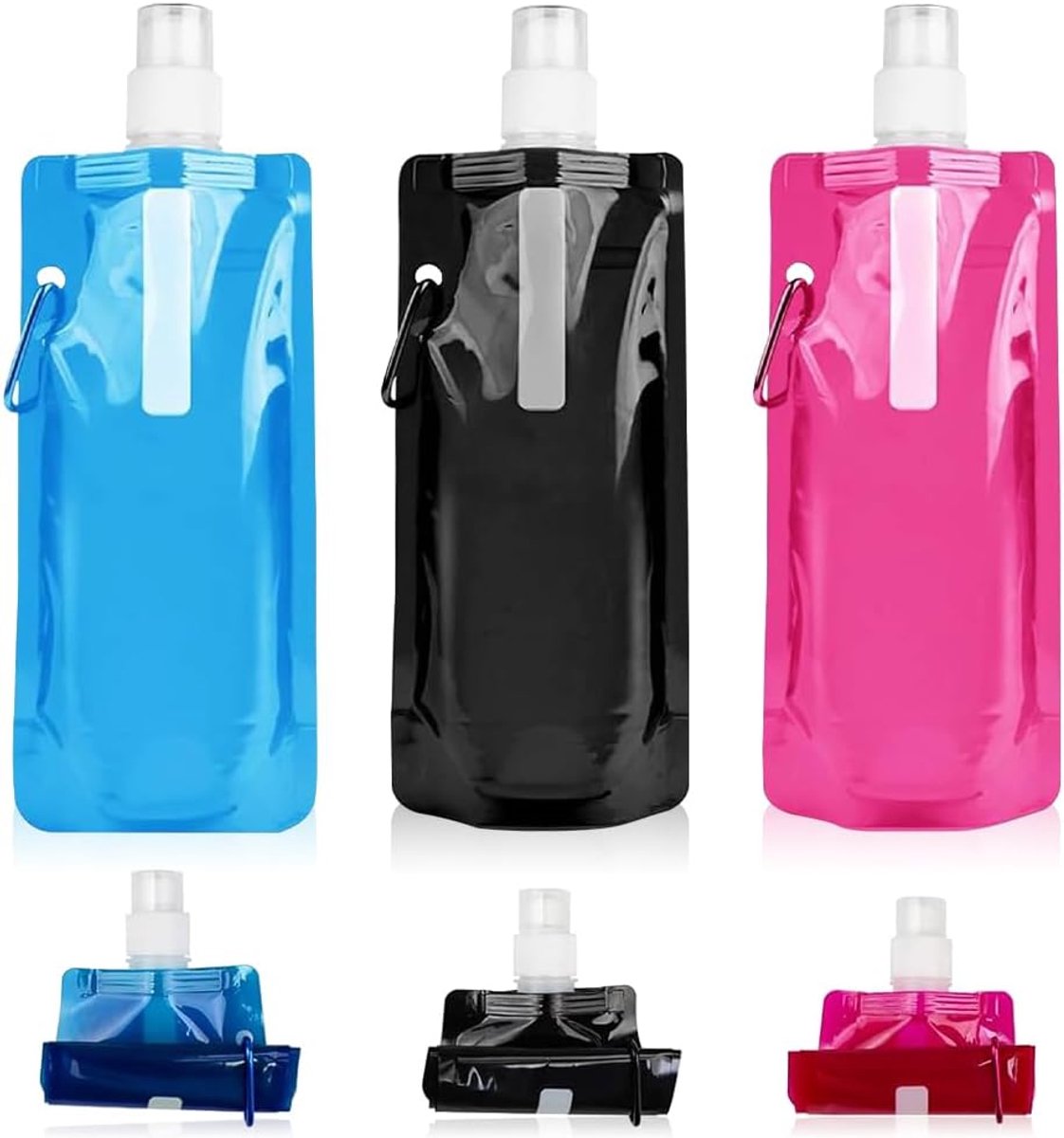 drinkfles, 480 ml, draagbaar, opvouwbare waterzak, flexibele waterfles, herbruikbare waterfles met karabijnhaak voor wandelen, outdoorsport, avontuur, fietsen