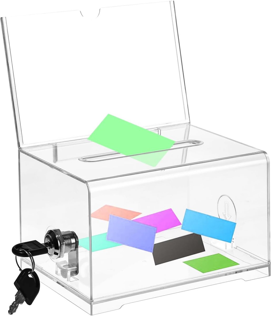 donatiebox, afsluitbare donatiebox, transparante stembus met sleutel, slot en bordhouder, ideeënbus, voor stemmingen, visitekaartjes, prijsvragen, wedstrijden, opmerkingen