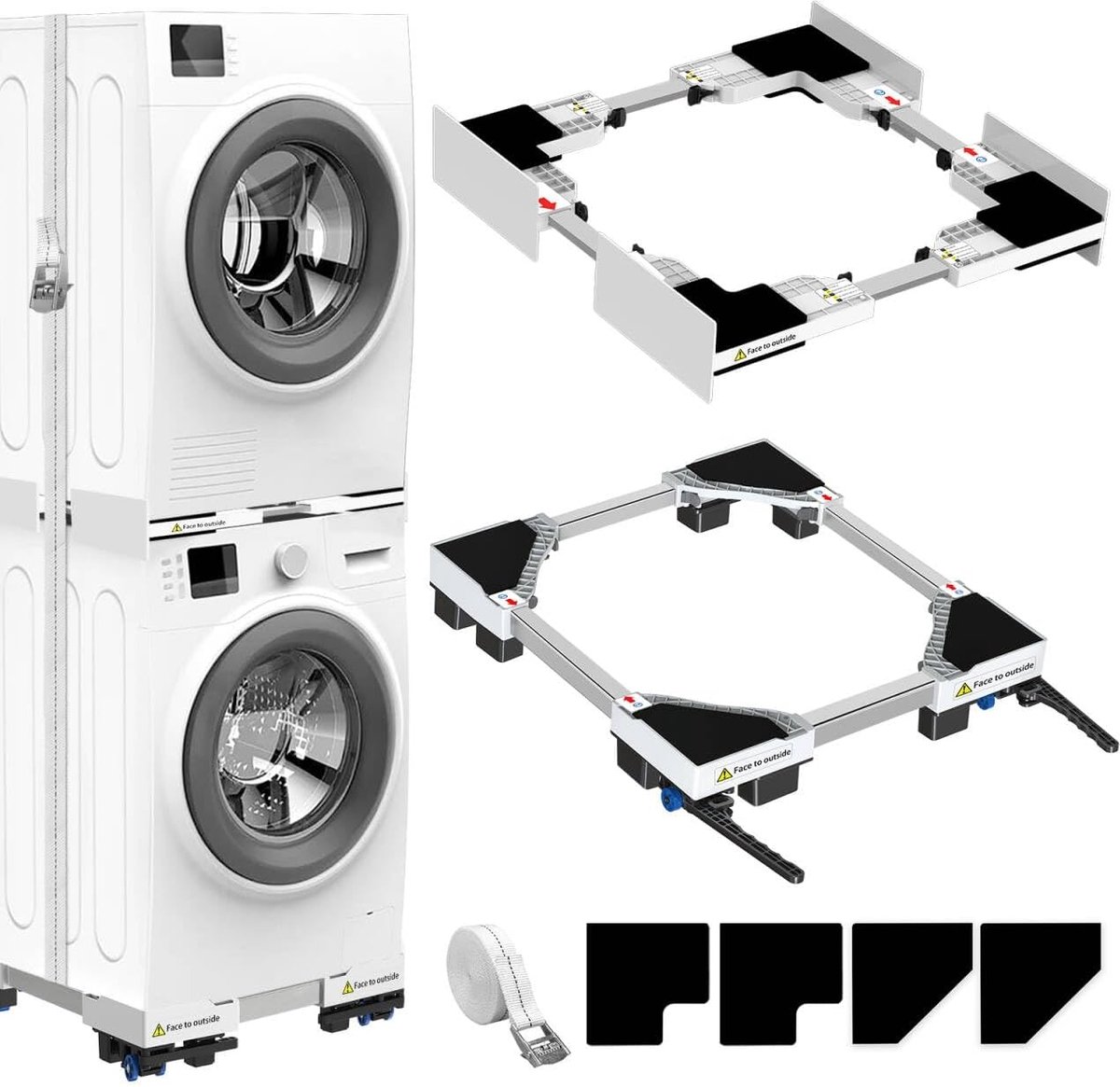 Verbindingsframe en universele basis voor droger en wasmachine | Verstelbaar in grootte met ratel en transportwielen met rem voor wasmachines en drogers, ruimtebesparend