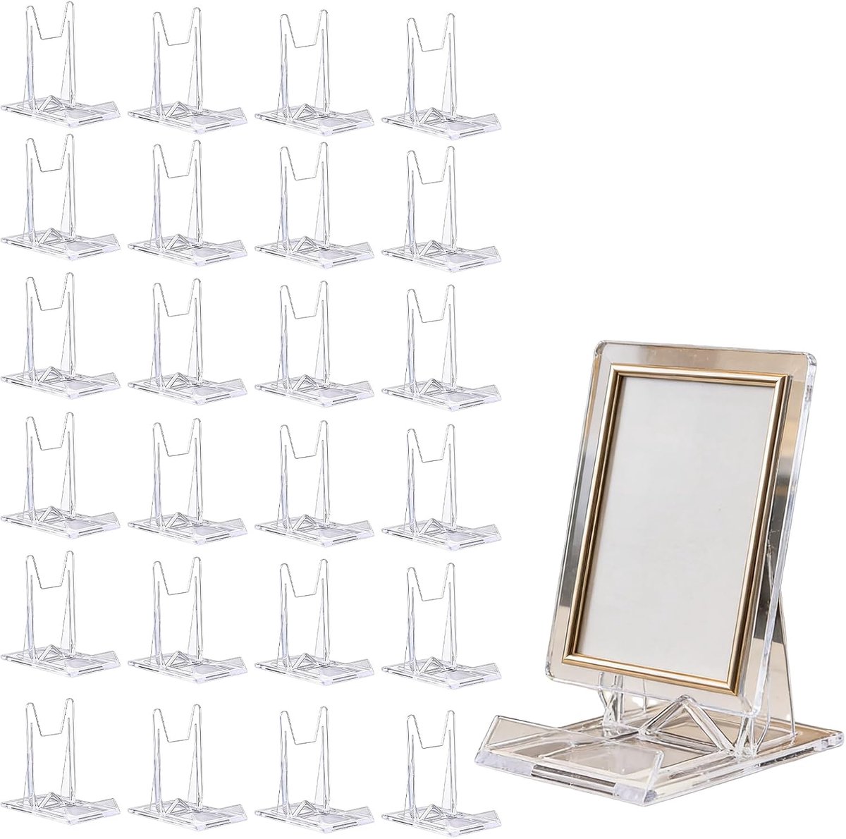24 stuks acryl standaard kunststof bordenstandaarden: 11,2 × 10,5 × 6 cm, verstelbaar, transparant, acryl standaard, bordenhouder, boekenstandaard, grammofoonplaatstandaard voor retro handheld