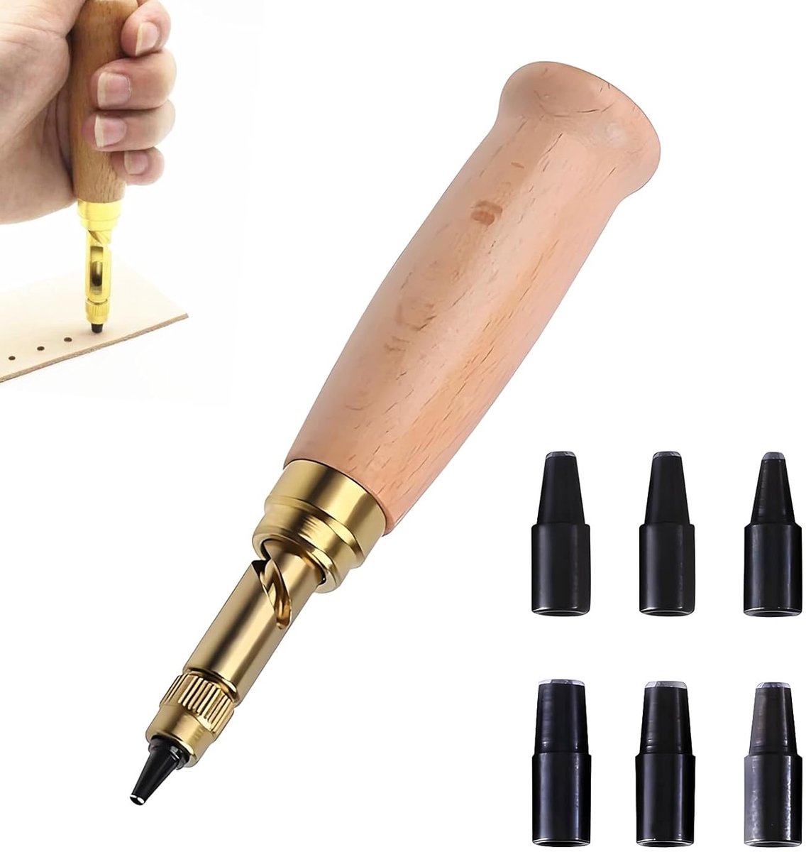 Papier, Lochstanzer, Loch Stanzer, Lederlocher, 6 maten: 1,5 mm, 2 mm, 2,5 mm, 3 mm, 3,5 mm, 4 mm, Sterk en Duurzaam, Houtgreep voor Leer, Papier, Kaarten en Vilt