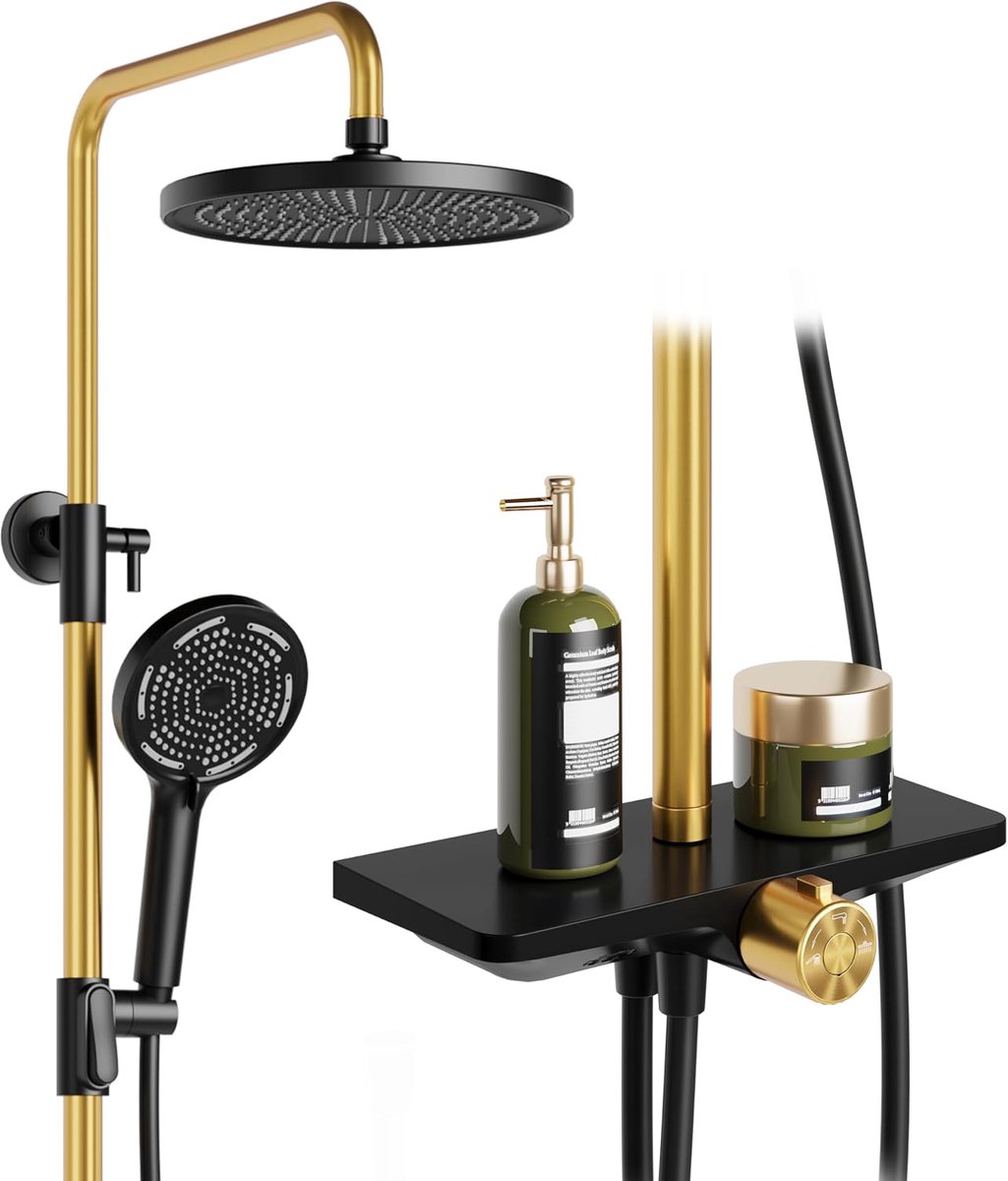 zonder armatuur met plank, douchekop, roestvrij staal, verstelbare zuil, douchestang, overhoofddouche, set, 25 cm, zwart+goud
