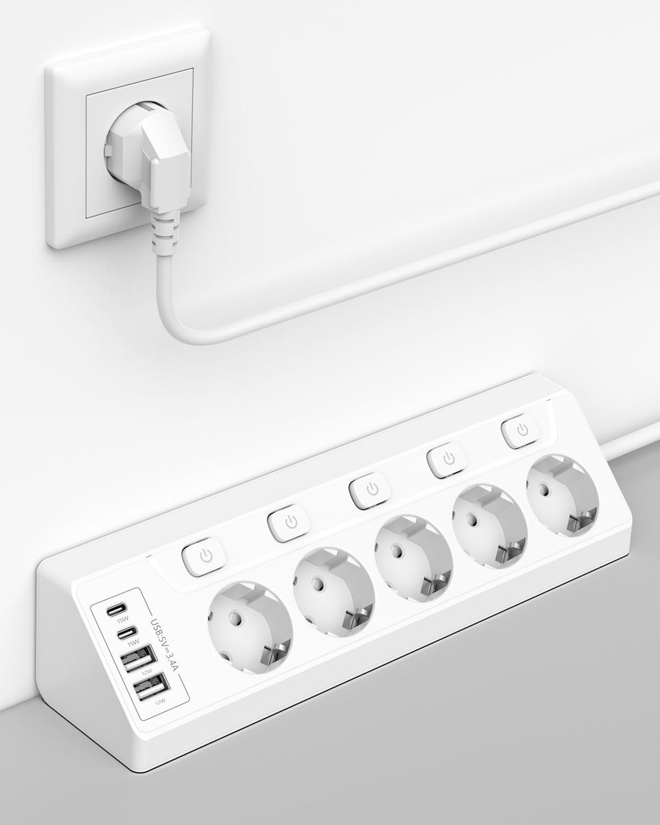 individueel schakelbaar, 5 stopcontacten met 4 USB (2x USB-C + 2x USB-A), overspanningsbeveiliging, aanraakbeveiliging, 2m kabel, 3680W voor keuken, kantoor en huis