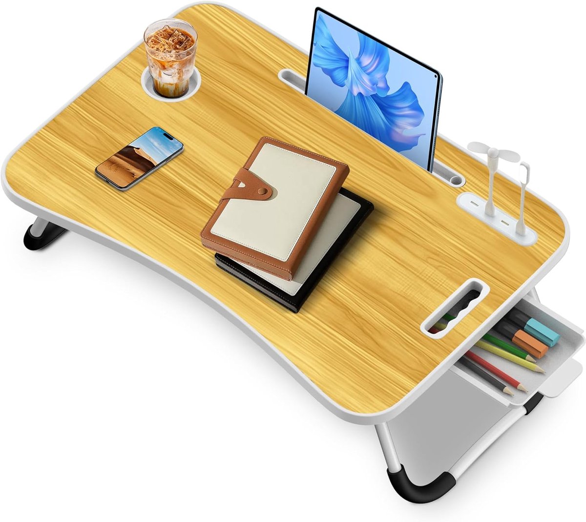 Laptoptafel, 60 x 40 x 28 cm, laptoptafel met lade, drankhouder, kleine ventilator, tablethouder, handgreep, bedtafel, inklapbaar, voor bed en bank, vloer, beddienblad (houtkleur)