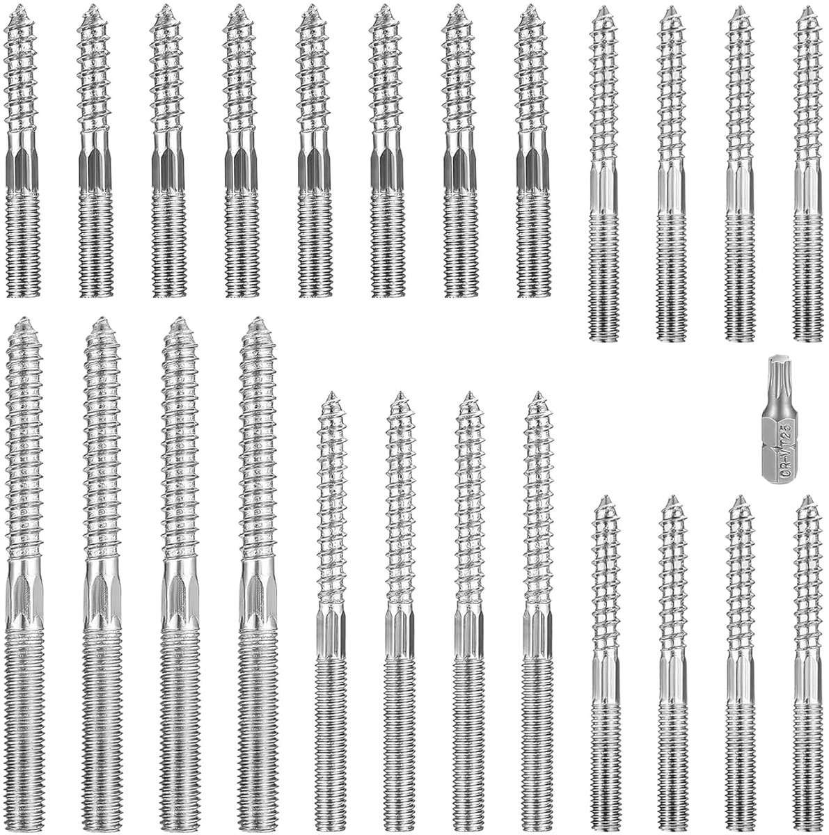 24 stuks stokschroeven M8 roestvrij staal, M8 x 60/80/100/120 mm Torx stokschroeven, dubbele schroefdraad, schroefstiften, schroefdraadstiften, verzinkt staal, houtschroeven, accessoires voor