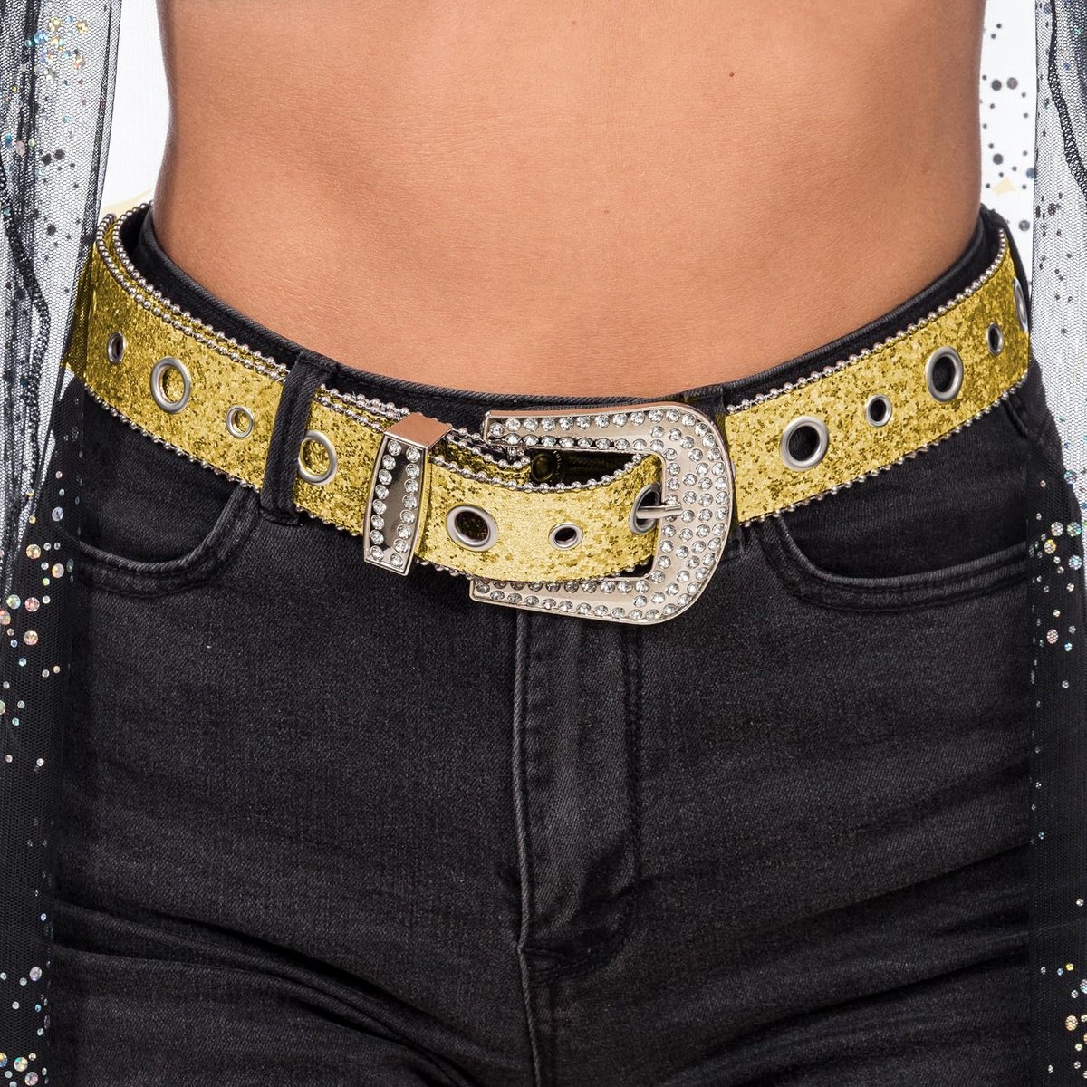 - Strass-riem voor dames 120 cm, glittertailleriem | Voor jeans, jurken en westernlooks, riem met strasssteentjes en XXL-gesp voor festivals en carnaval