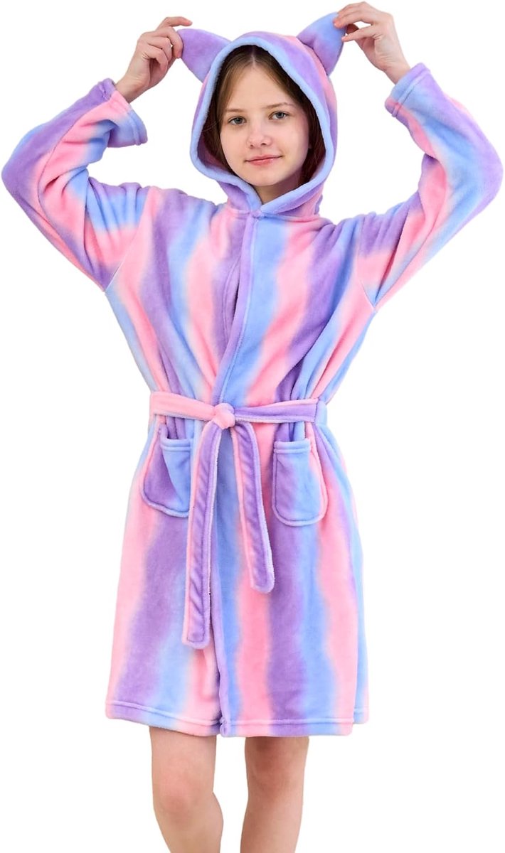 Badjas voor Meisjes Zachte Fleece Ochtendjas met Capuchon en Kattenoren