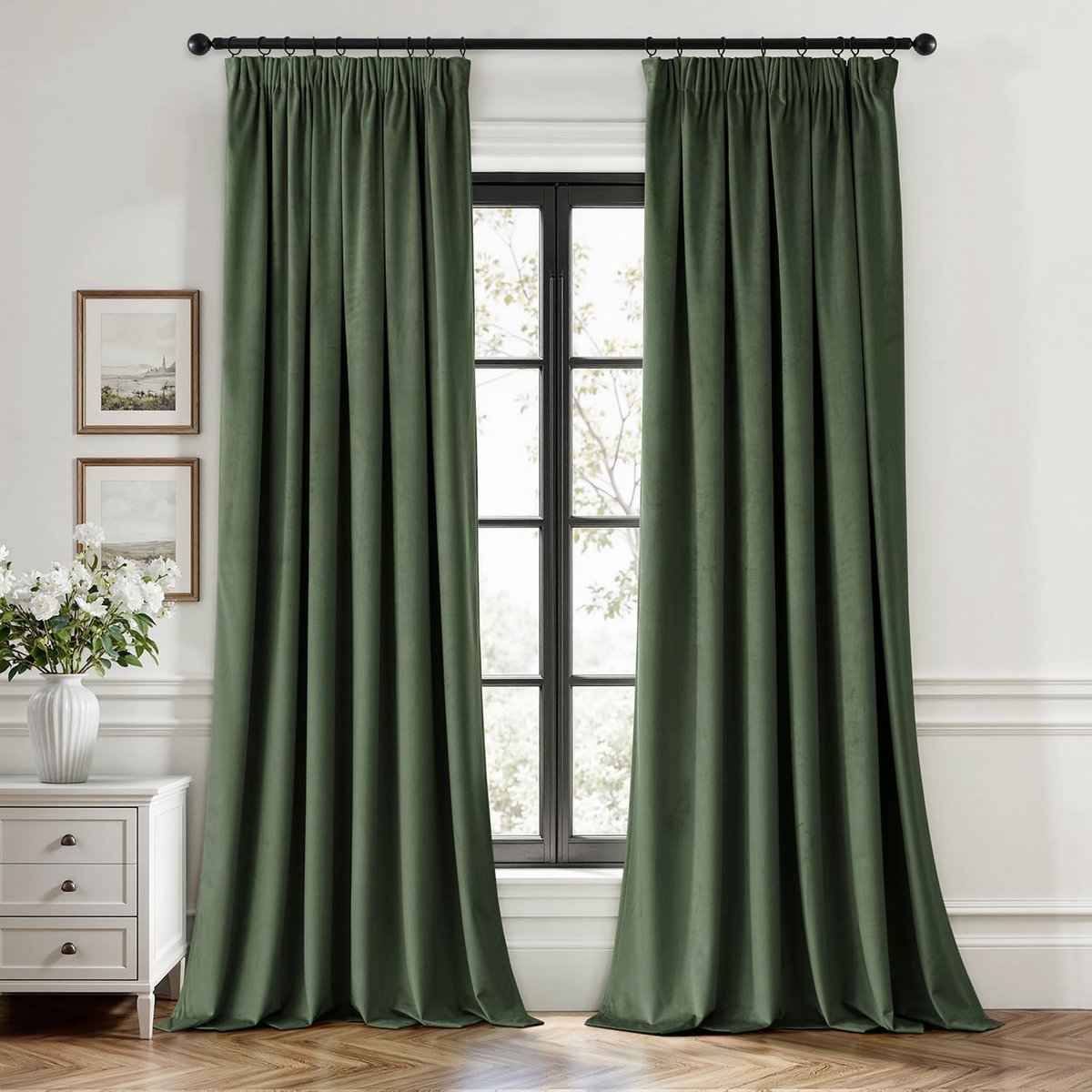Fluwelen gordijn met plooiband, matchagroen, decoratieve gordijnen, set van 2, mooie dikte en zware woonkamer, slaapkamer, verduistering, thermogordijn, H280xB140 cm