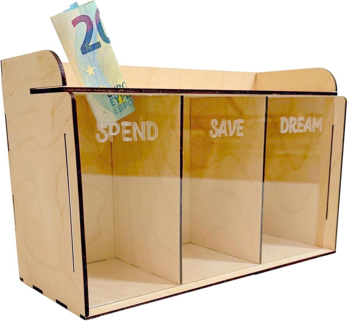 World – Driedelige Houten Spaarpot met Transparante Voorkant – 3 Compartimenten “Spend, Save, Dream” – Spaarorganizer, Cadeau & DIY Decoratie