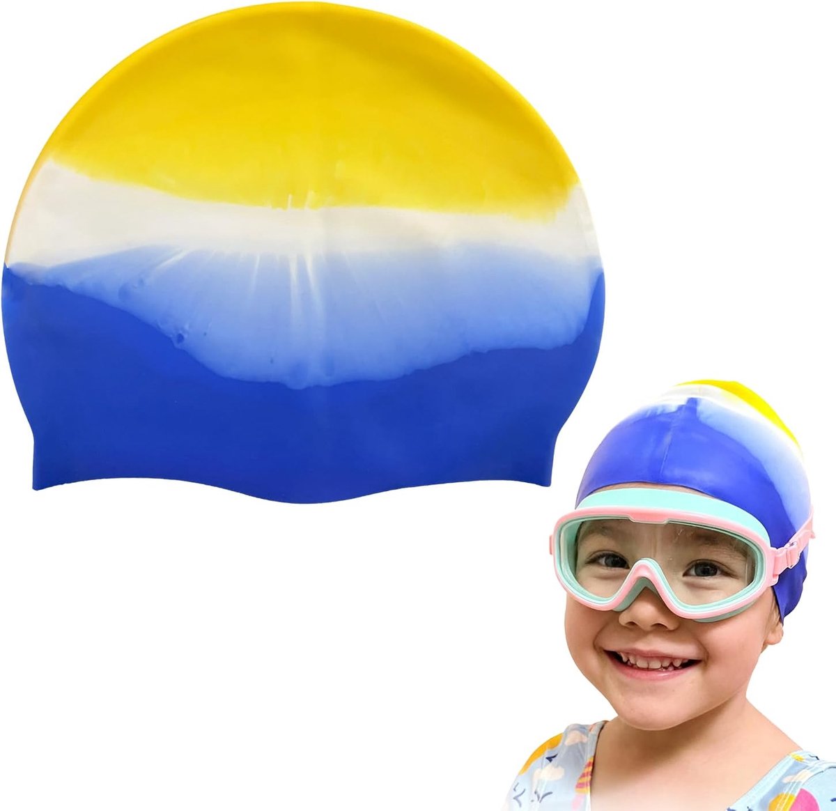 Badmuts | Zwemcap voor Kinderen | Waterdichte Zwemmuts voor Kinderen met Antislip Noppen | voor Jongens & Meisjes | Ideaal voor Gebruik in Zwembaden | Blauwe en Gele Gradiënt