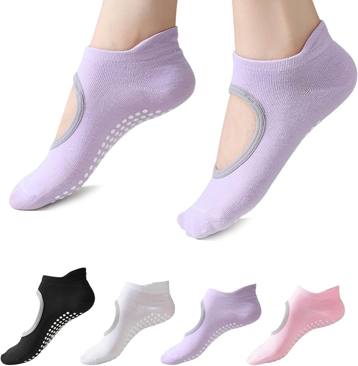 Sokken voor dames, 35-40, 4 paar antislipsokken met noppen voor yoga, pilates, barre, trampoline en sportsokken