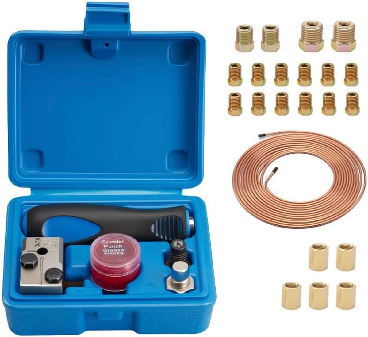 Gereedschapsset voor het oprekken van remslangen, 7,62 m, Ø 4,75 mm. Reparatieset voor remslangen, 16 koppelingen + 5 slangkoppelingen, voor rem- of hydraulische slangen