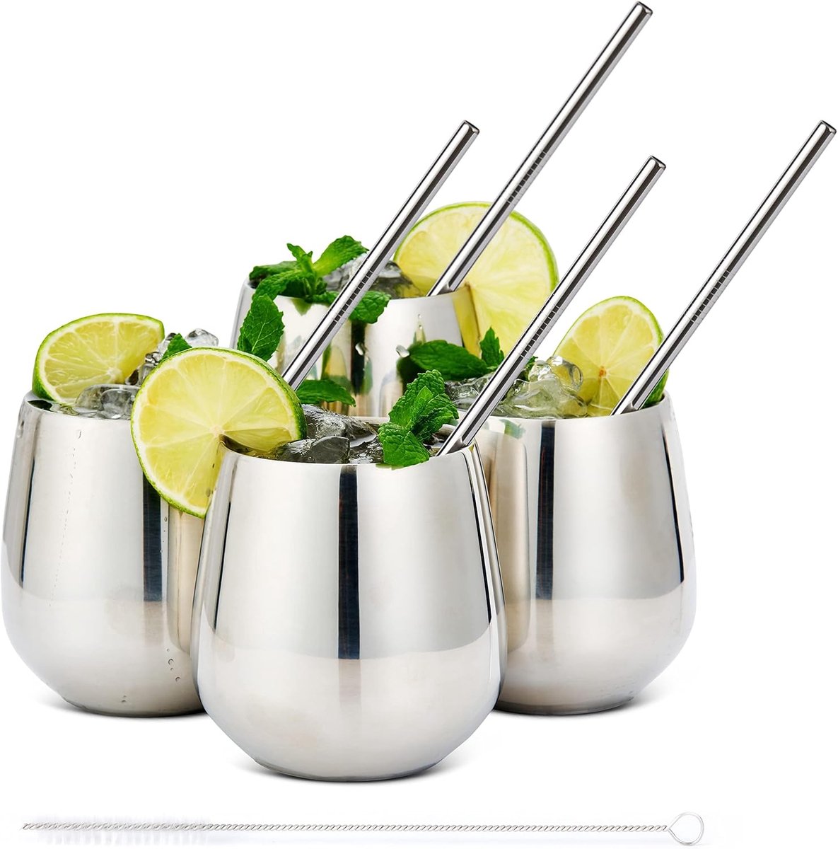 & Steel - 4 Roestvrijstalen Steelloze Wijnglazen met 4 Metalen Rietjes en 1 Borstel (Zilver, 350ml) - Dubbelwandig, Stevig en Onbreekbaar - Verjaardags- en Kerstcadeau