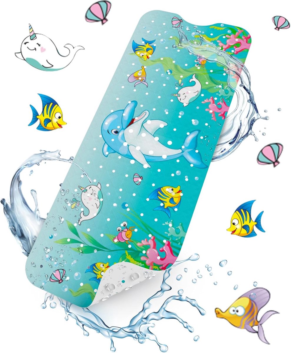 Antislip badmat, 101 x 40 cm, extra lang, antislip douchemat voor kinderen, badmat met zuignappen en drainagegaten, machinewasbaar, dolfijn