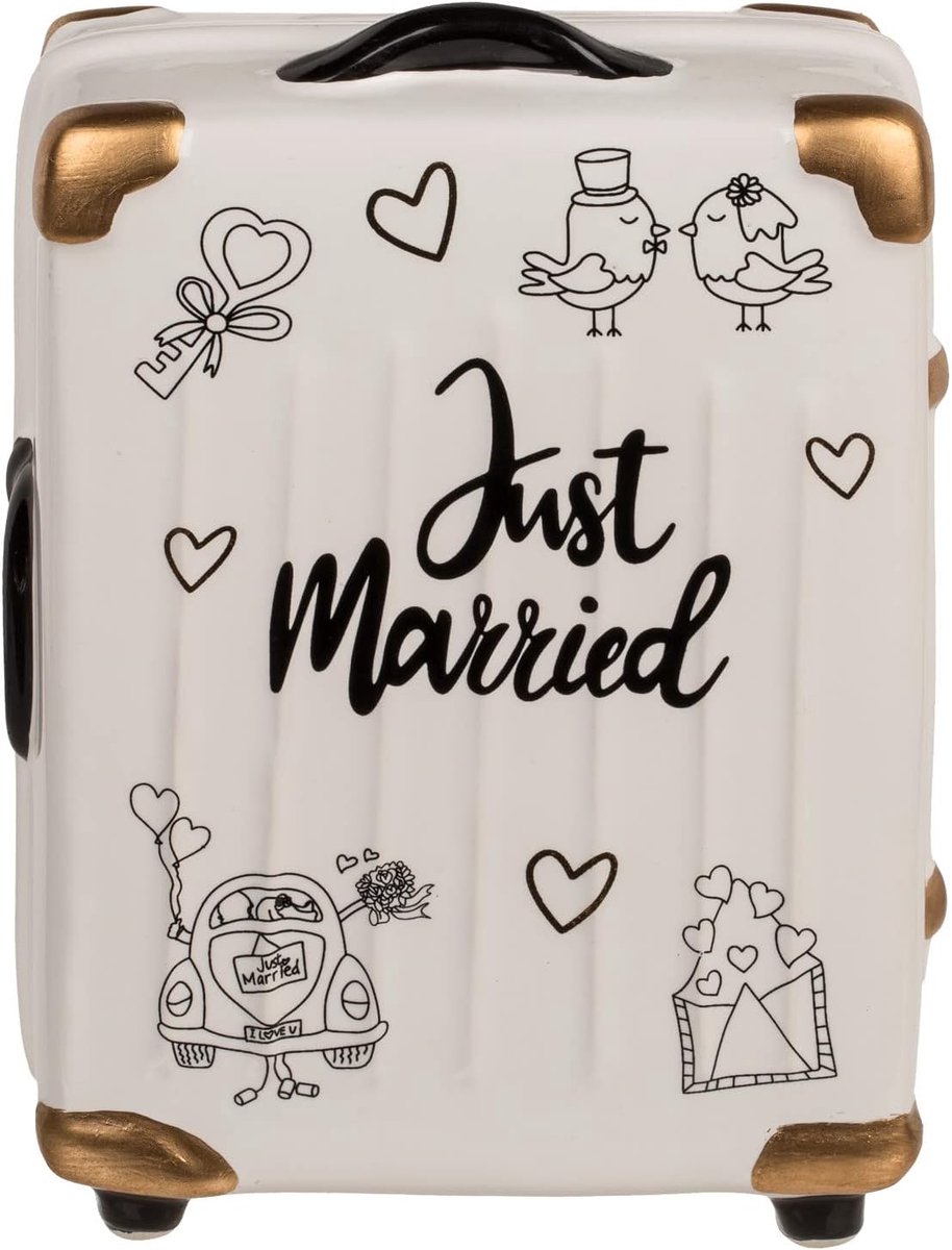 ootb Spaarpot Bruiloft Keramiek - Just Married Koffer Cadeau | Keramische trolley-spaarpot met Art Deco design, gouden details - 16 x 11 x 6 cm, ideaal geldcadeau