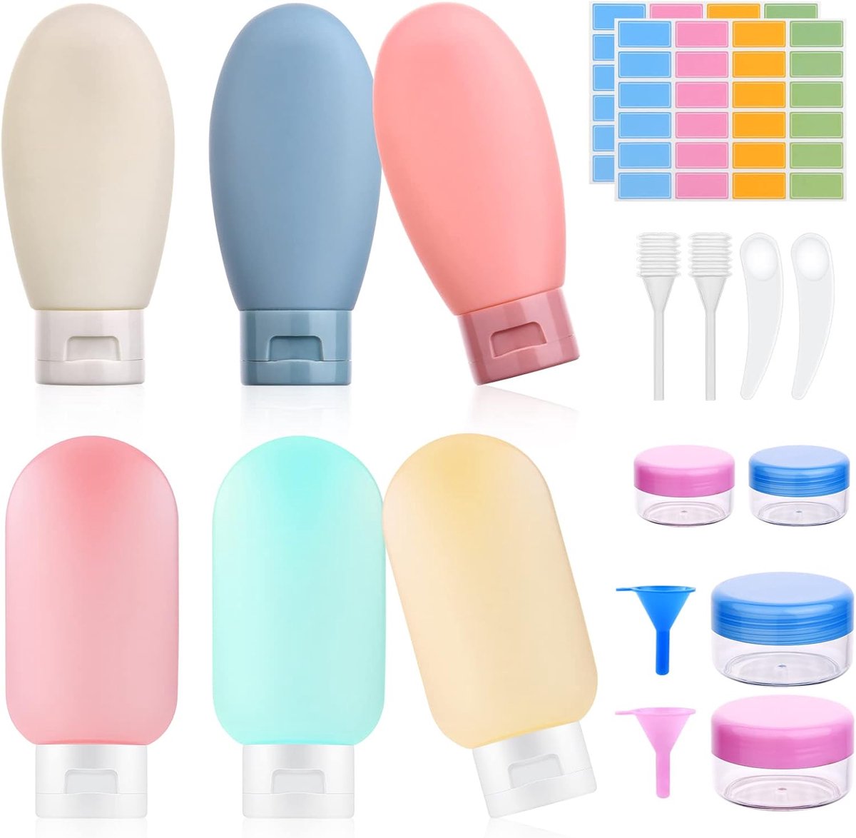 Reisflessenset van 20 stuks, lekvrije siliconen reiscontainers, kleine lege miniknijpflessen voor 60 ml, reisaccessoires voor toiletartikelen, shampoo, conditioner en lotion (BPA-vrij)