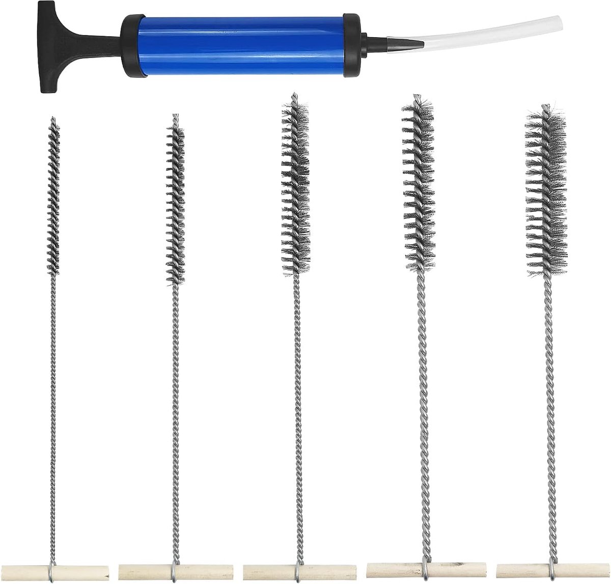 6 stuks pijpenreiniger borstelset, 8mm/12mm/16mm/20mm/25mm boorgat borstel, roestvrijstalen kleine borstel voor het reinigen, met boorgat uitblazer, voor efficiënte boorgat reiniging