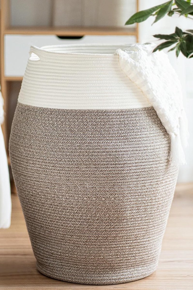 Wasmand, groot, 105 L wasverzamelaar, opbergmand, gevlochten katoenen touwmand voor knuffelige kleding in de wasruimte, 65 cm hoog, wit en bruin