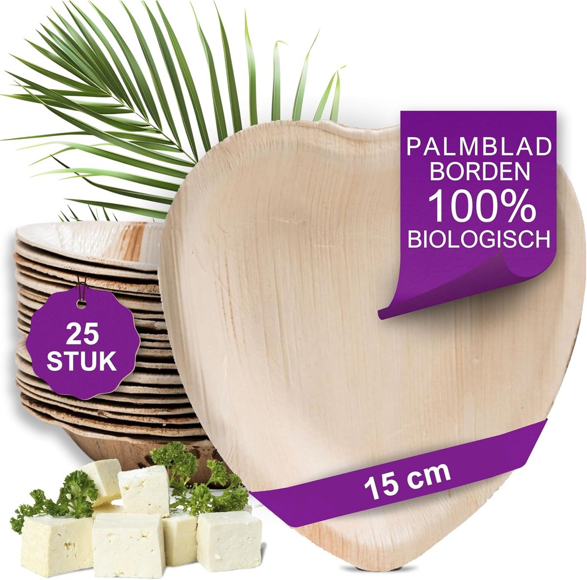 Palmblad Bord – 25x Hartvormig Bord 15cm - Composteerbaar Eersteklas Wegwerp Servies - Milieuvriendelijke Wegwerp Borden - vergelijkbaar met Bamboe Bordjes