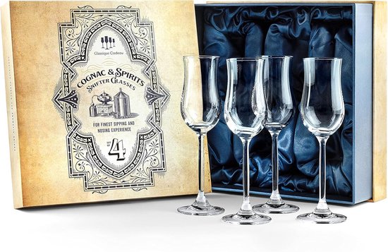 CADEAU Cognac, Brandy, Tequila en Dessert Wijn Snifter Glazen | Set van 4 kleine proeverij tulpen copitas voor het nippen van sterke dranken, Madeira, After Dinner Drinks