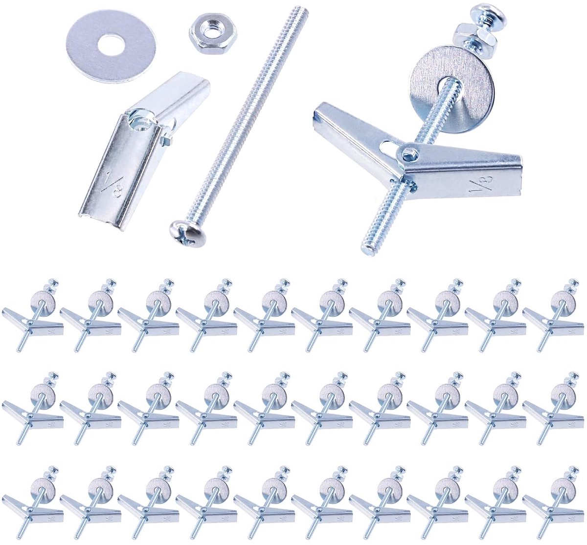 120 stuks 30 set 1/8 Inch vleugelmoer ankerbouten met zeskantmoeren, ringen, ankerbout assortimentset, vlinder ankerbouten voor het ophangen van zware voorwerpen op gipsplaten