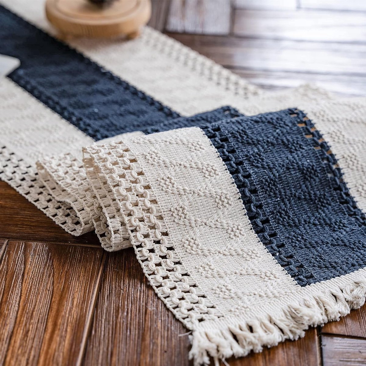 Grijze macramé-tafelloper, boho, katoenen vlas, tafelloper met kwastjes, rechthoekig gehaakt kant, mesh, tafelkleed voor keuken, vintage, boerderij, bohemien, bruiloft, tafeldecoratie, 30 x