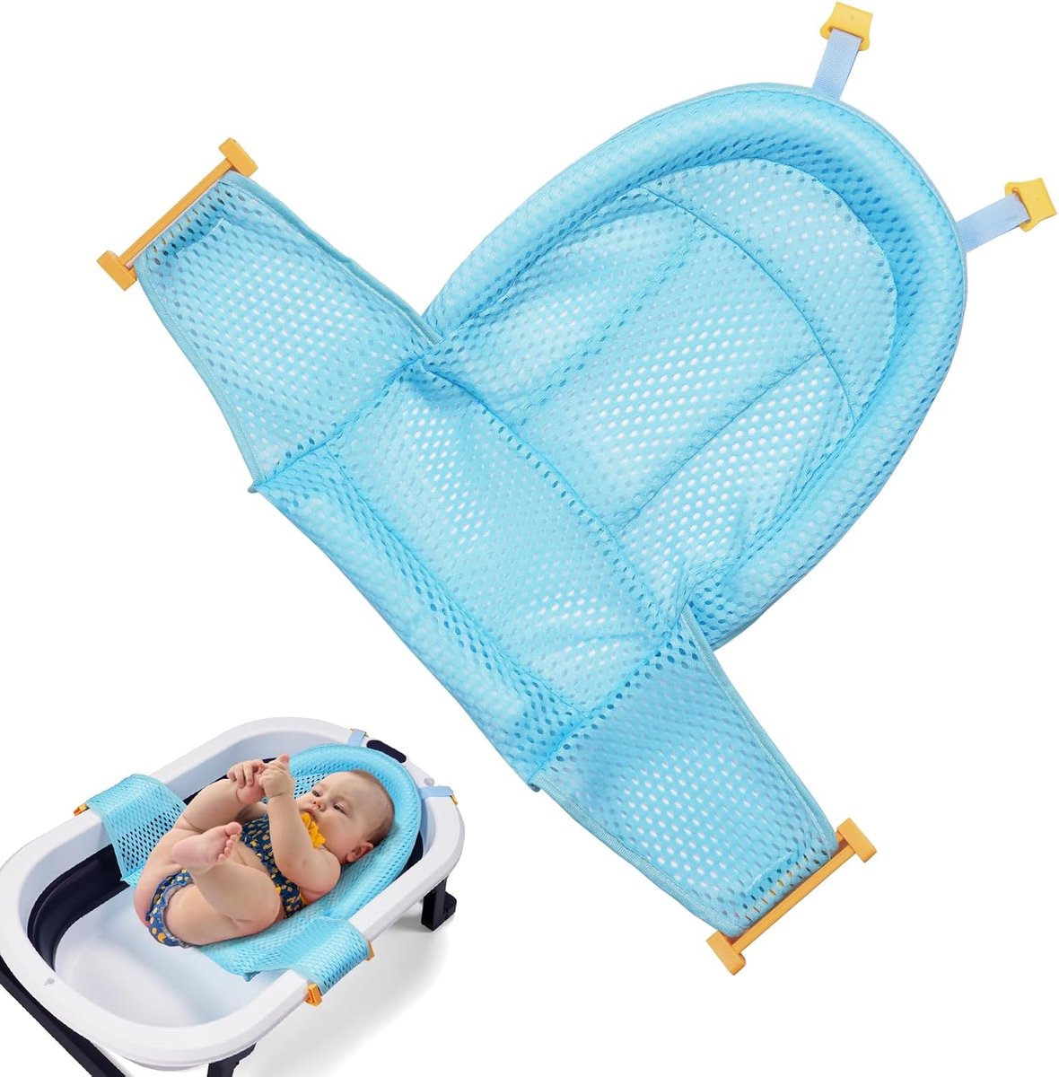 Babybadnet, pasgeboren stoelondersteuning, badnet voor badkuip, antislip badkuip, verstelbaar kussen 0-3 jaar, vier punten - blauw
