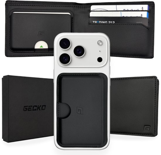 Zwarte portemonnee, iPhone met magnetische pasjeshouder, geschenkdoos en portemonnee.