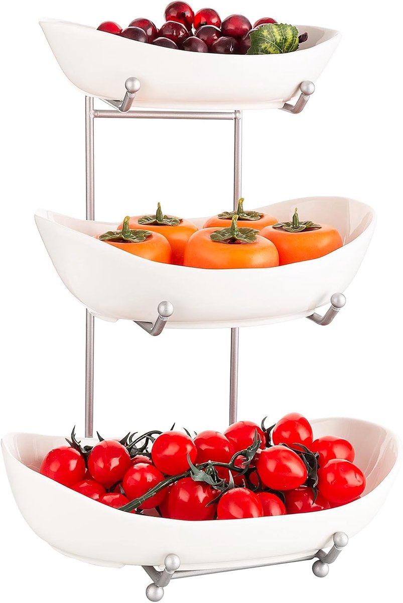 Fruitkommen met 3 niveaus met metalen rek, fruitmand keramiek voor aanrecht - ovale gelaagde keramische serveerschaalset voor snoep, snack, noten, taart, desserts, feestrestaurant