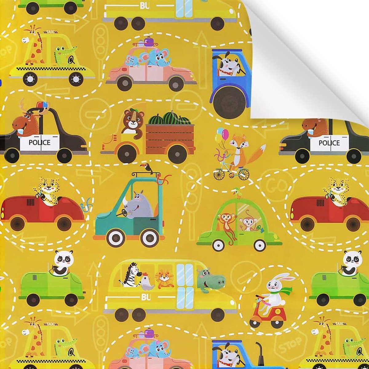 Cadeaupapier voor kinderen, meisjes, jongens, diertransport ontwerp, cadeaupapier voor verjaardag, babyshower, politieauto, busvrachtwagen, schattige cartoondieren, 4 vellen plat gevouwen