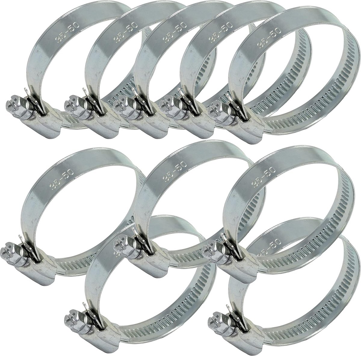 - C63597 - Set van 10 schroefklemmen 35-50 mm verstelbaar - breedte 12 mm - van verzinkt staal - zilverkleurig - autoaansluiting tuin waterslang waterslang irrigatie