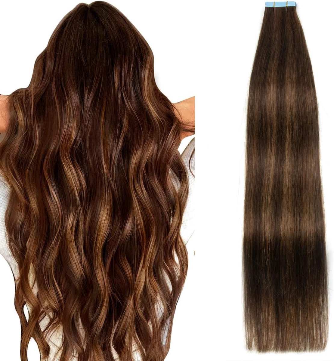 100% Remy menselijk haar extensions donkerbruin met balayage kastanjebruin 50 g gladde naadloze haarverlenging huid inslag (55,9 cm, #T2-P2-6)