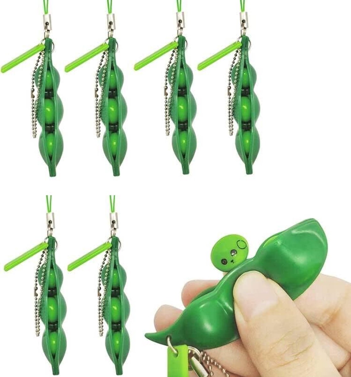 7 stuks schattige soja-sleutelhangers, drukboonhanger, stressontlastend en vermindert angst