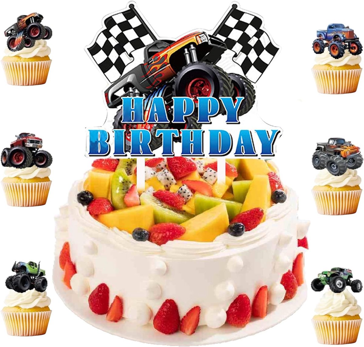 25 stuks Monster Truck Taartversiering Set – Happy Birthday Taarttopper voor Jongens – Vrachtwagen Muffin Decoraties, Auto Cupcake Topper, Verjaardagstaart Accessoires voor Kinderen