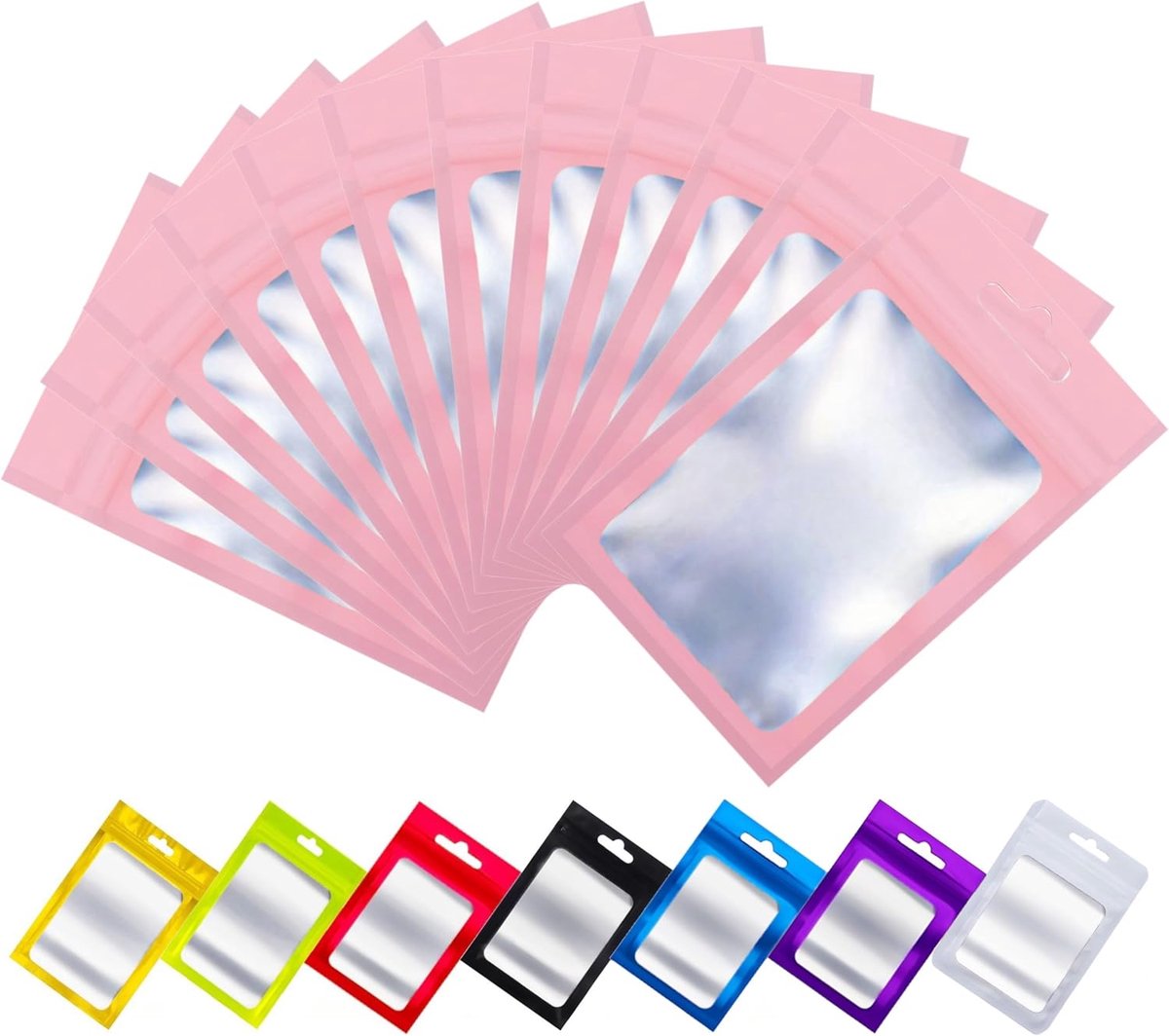100st Hersluitbare Mylar Zak, Ritssluiting Plastic Zakjes voor Voedsel, Rits Aluminiumfolie Zakken met Doorzichtig Venster, Ziplock Zakjes met Kleurverpakking (Roze, 7,5 x 12 cm)