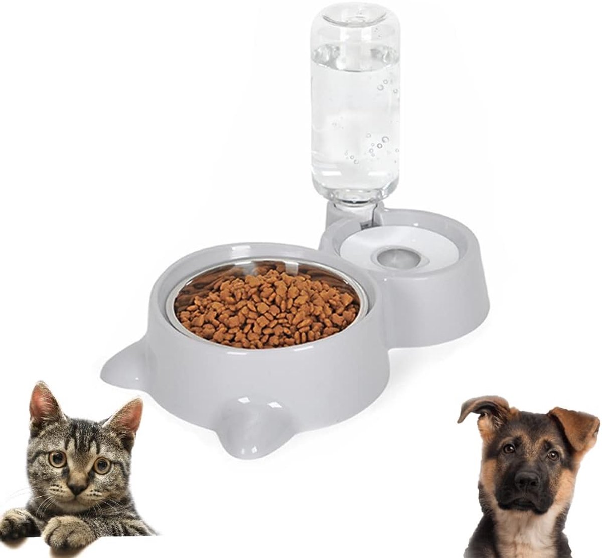 voederbak voor honden en katten, automatische voerbak en waterdispenser, met 500 ml drinkfles, voor honden, voor kleine en middelgrote honden en katten, grijs