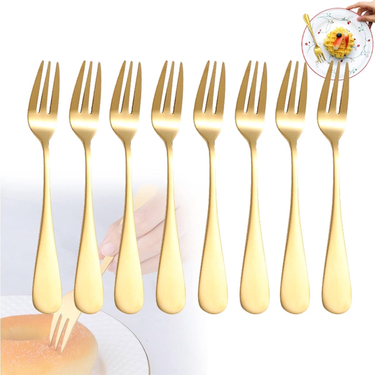 8 stuks gouden tafelvorken, roestvrijstaal fruitvork en kleine taartvorken voor fruit, ijs, salade, biefstuk, pizza, noedels en afternoon tea