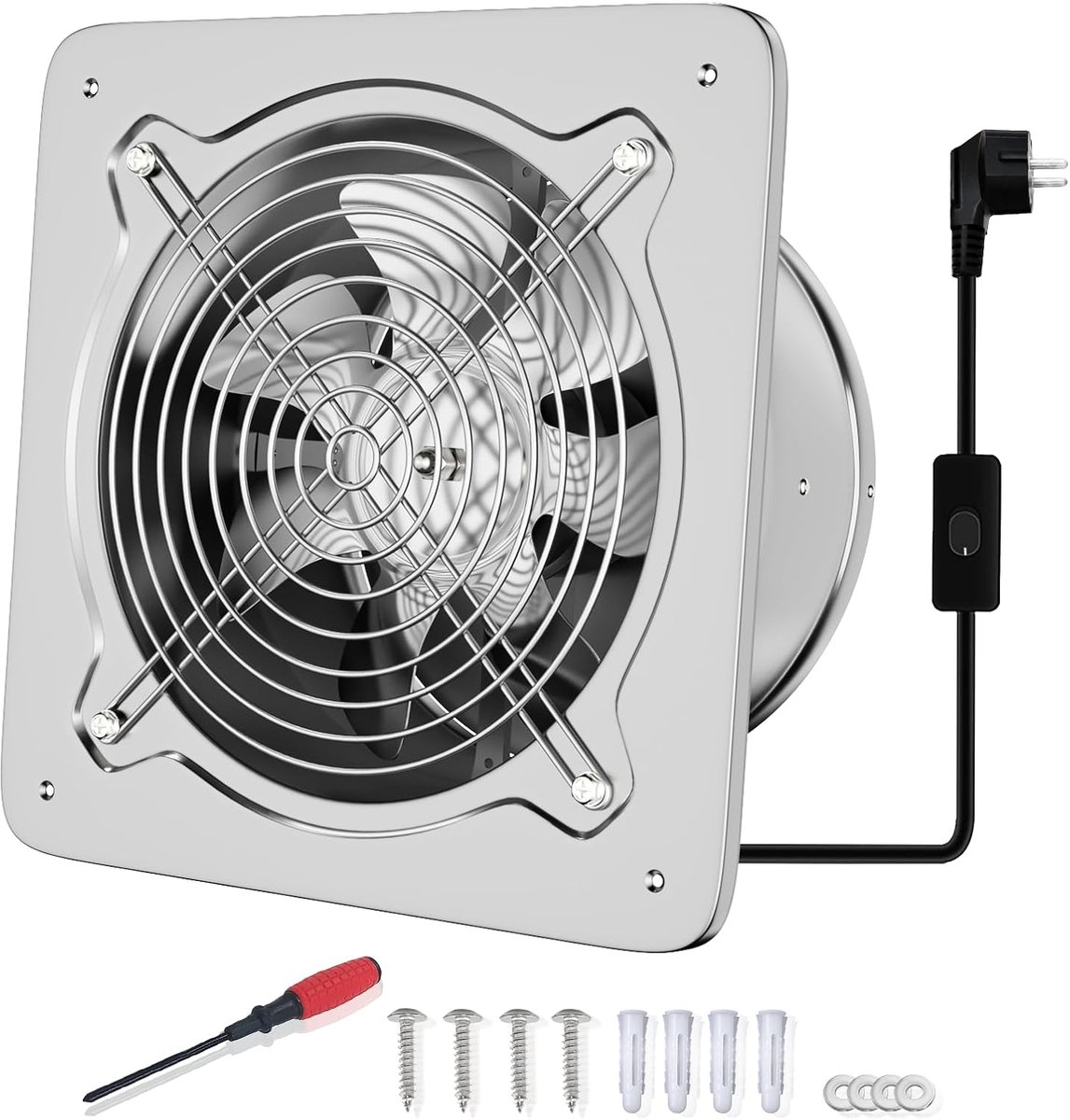Afvoerventilator, 200 mm, 980 m³/uur, badkamerventilator, stil, met terugloopklep, krachtige wandventilator met EU-stekker voor keuken, badkamer, garage, kelder, zilver