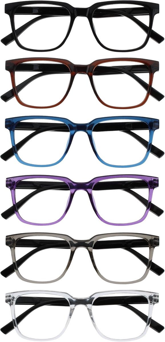 LEO Leesbril - 6-Pack - Groot Rechthoekig Montuur - Zwart, Bruin, Blauw, Paars, Grijs, Transparant - Heren Dames - Veerscharnieren - RRRRRR55-12357C - +1.50