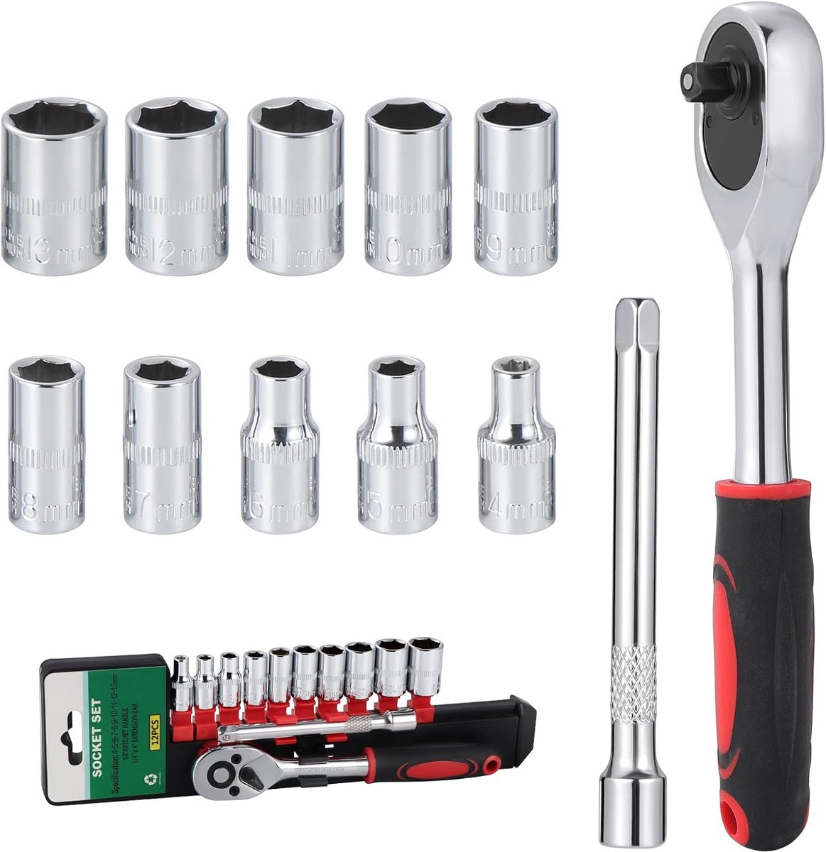 12 stks 1/4 ″ metrische dopsleutelset, aandrijfratel met hoge precisie tandwielkastratelsleutel verlengstang en 10 stuks korte set (4-13 mm) geschikt voor meubels autoreparatie