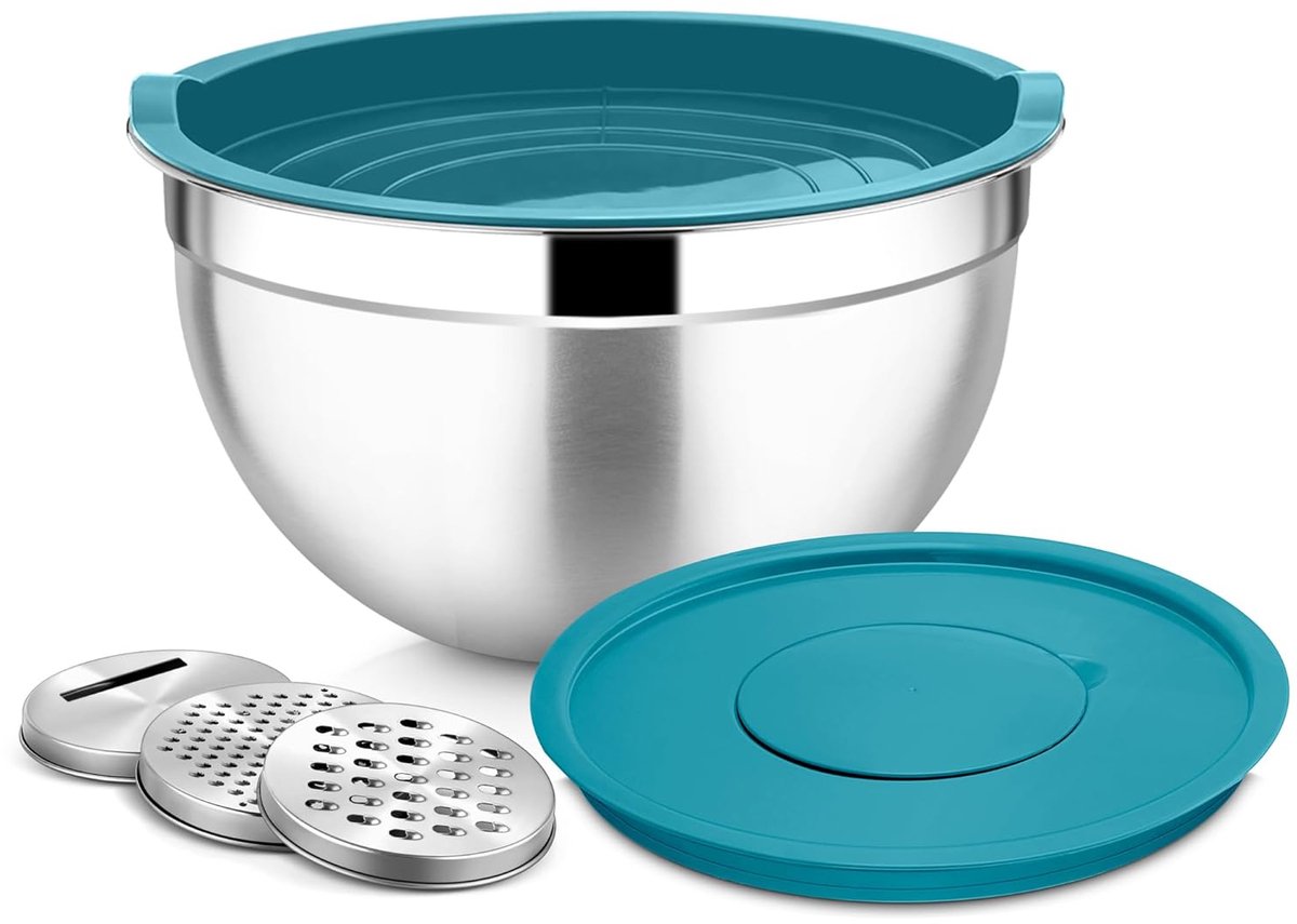 Roestvrijstalen kommenset met raspopzetstukken (blauw)
