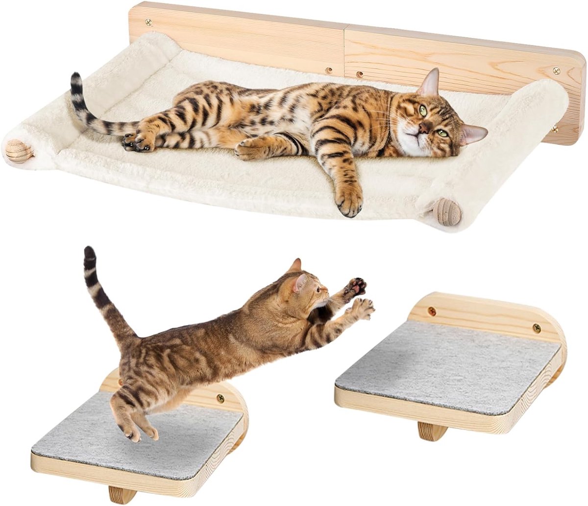 Hangmat voor katten, wandmontage, groot kattenrek met 2 klimpoorten, opvouwbaar, kattenbed, draagvermogen 18 kg