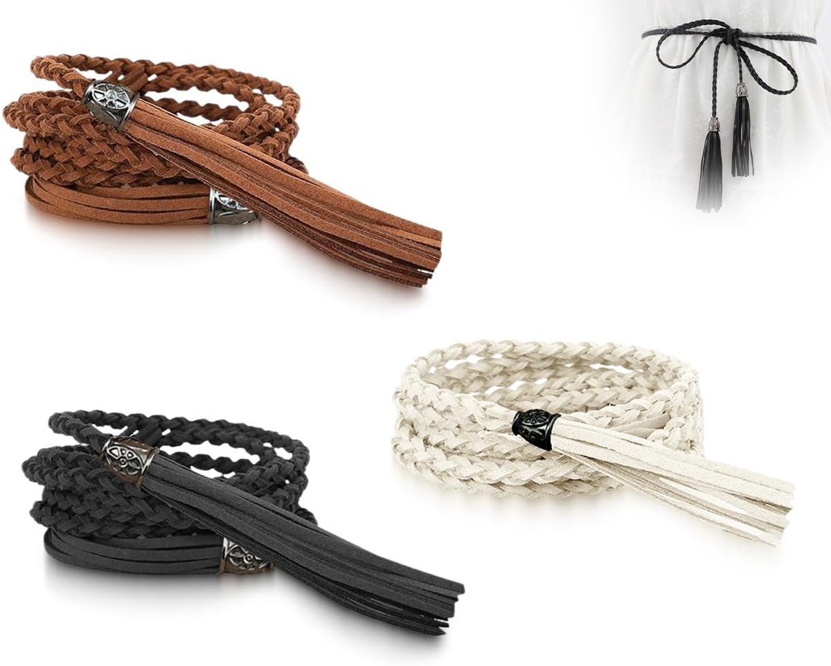 3 stuks riem, riem met gevlochten kwasten voor dames, dunne PU-riem, franjesriem, kettingriem, kettingriem met franjes, zwart, wit, camel, Eén maat
