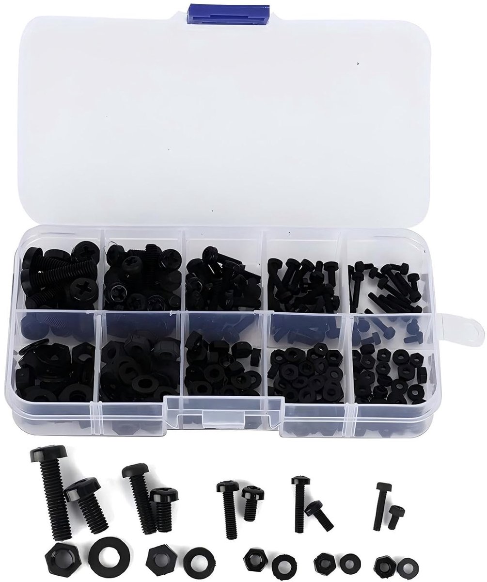 Hex Head Socket Cover Schroeven, Moeren Wasmachines Assortiment Kit, 270 stks Nylon Hoofd Hex Socket Schroef Set met Hex Moer Wasmachines Assortiment (Zwart)