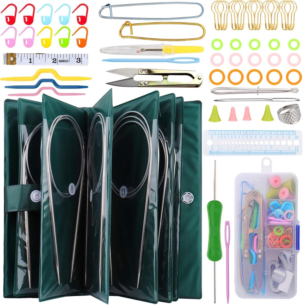Ronde naaldenset, 11-delig, 80 cm, dubbele punt, breinaalden, roestvrij staal 16 (1,5 mm) - 6 (5,0 mm) met 57 breiaccessoires en opbergtas, ideaal voor brei-liefhebbers