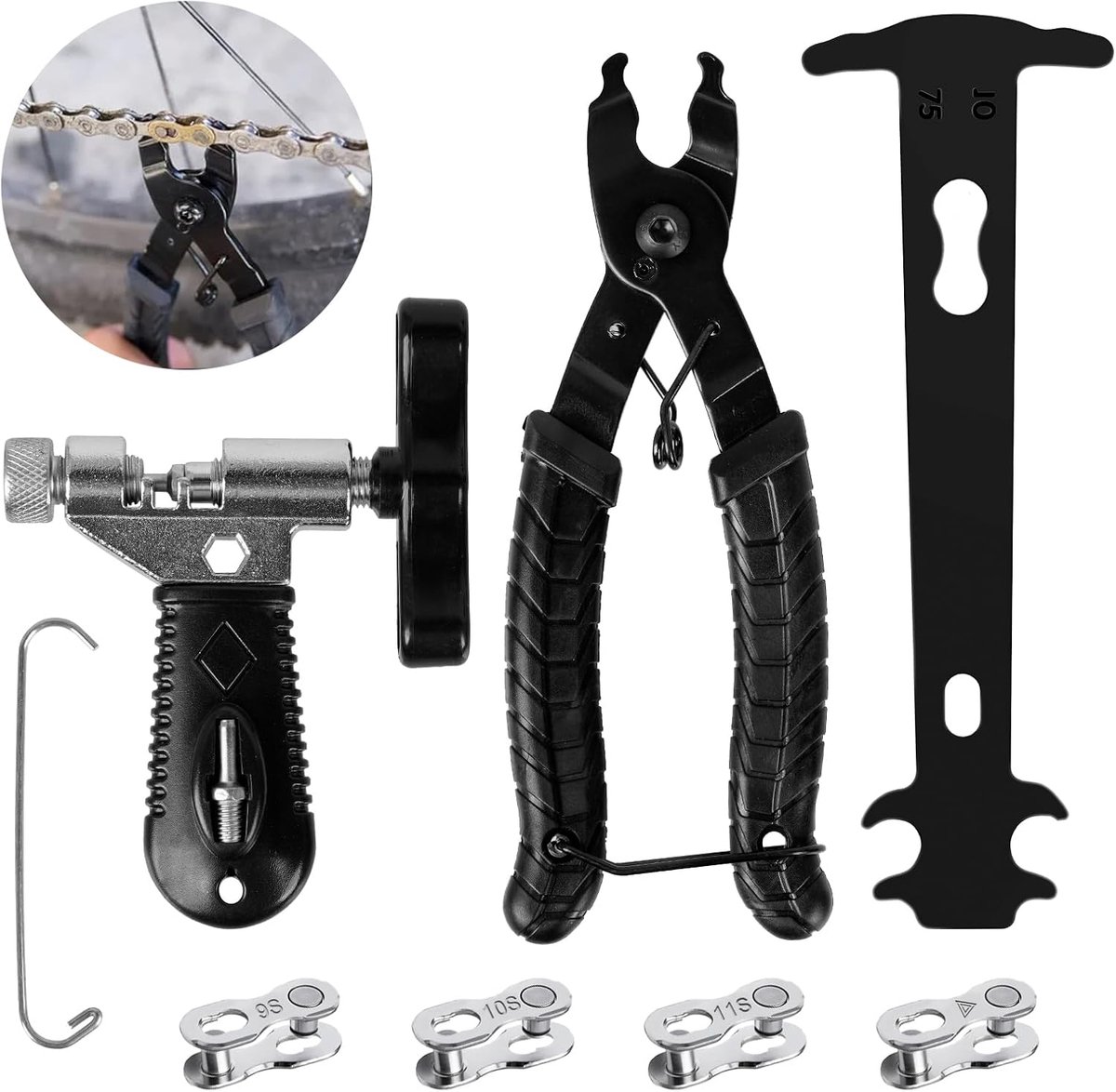 Kettingdrift voor fiets, fietsketting gereedschapsset voor 6 7 8 9 10 11 versnellingen, fietskettinggereedschap voor fietsketting vouw + kettingsplitter + kettingwear indicator + fiets missing link
