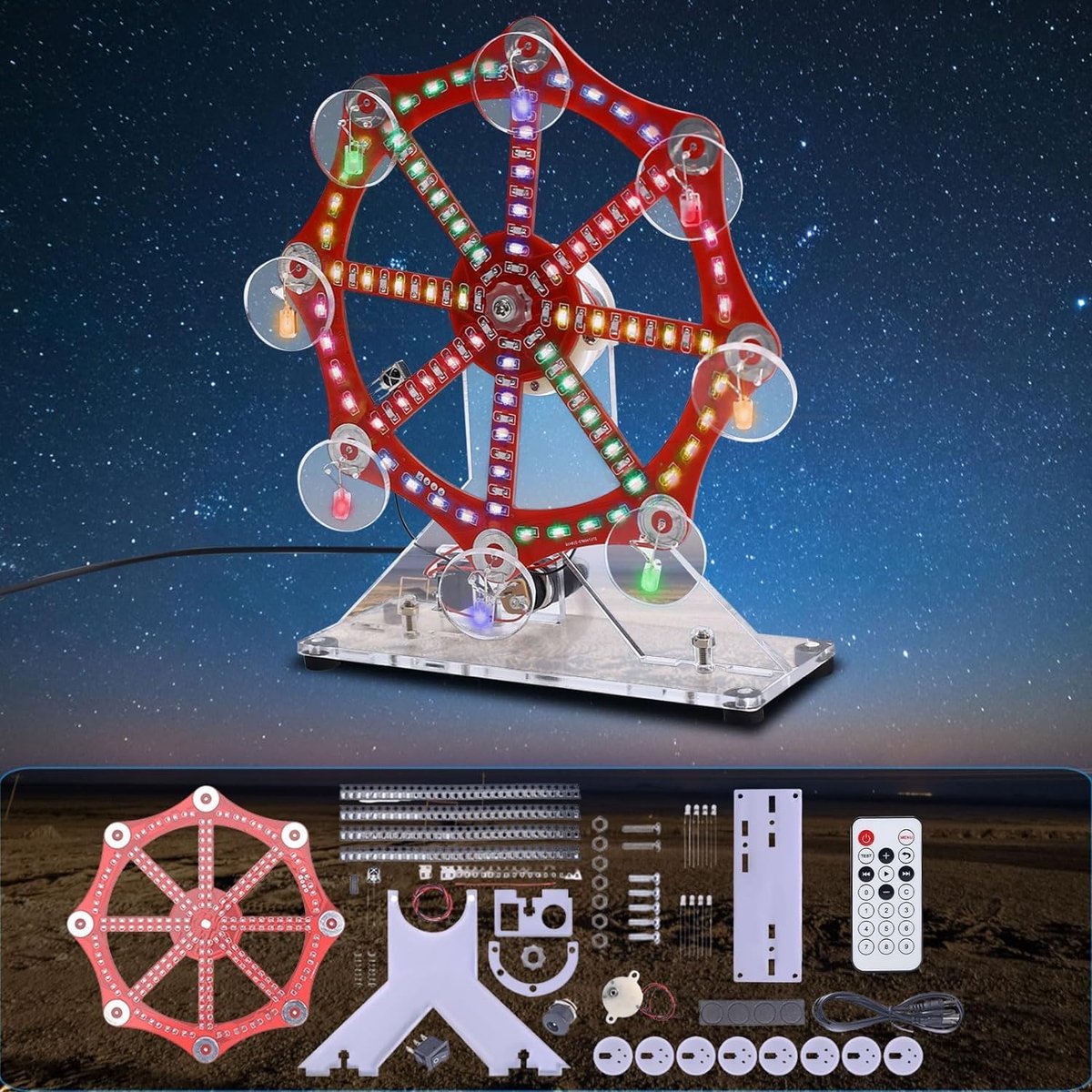 Soldeerbouwpakket DIY reuzenrad model, kleurrijke oefenset met ledverlichting, roterend led-reuzenwiel, doe-het-zelf soldeerprojectkit voor studenten en doe-het-zelvers, elektronica en leren