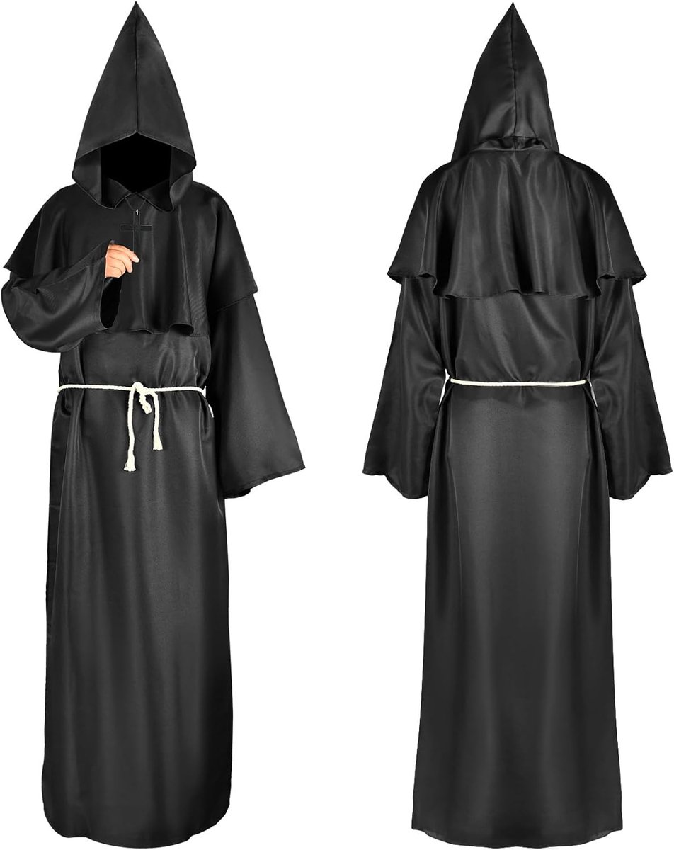 priestergewaad, middeleeuwse renaissance-gewaad, kostuum monnik met capuchon en koord, voor themafeest, Halloween, cosplay, carnaval