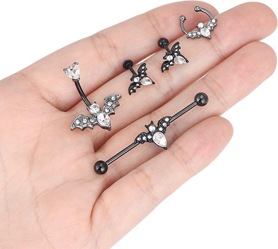 14G 16G vleermuispiercing set Halloween lichaamssieraad hoefijzer neusring hoefijzer neusring hoepels labret lippiercing tragus oorbel navelring industriële barbell, Roestvrij staal Zirkonia — afbeelding 2