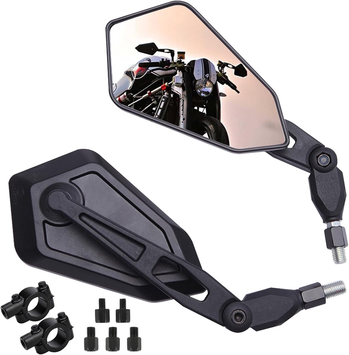 E-getest 7/8 inch 22 mm, M8 M10 motorfiets achteruitkijkspiegel set Supermoto spiegel scooter spiegel compatibel met Honda Kawasaki KSR Suzuki 390 MT09 MT07 Touring Street Bike Custom